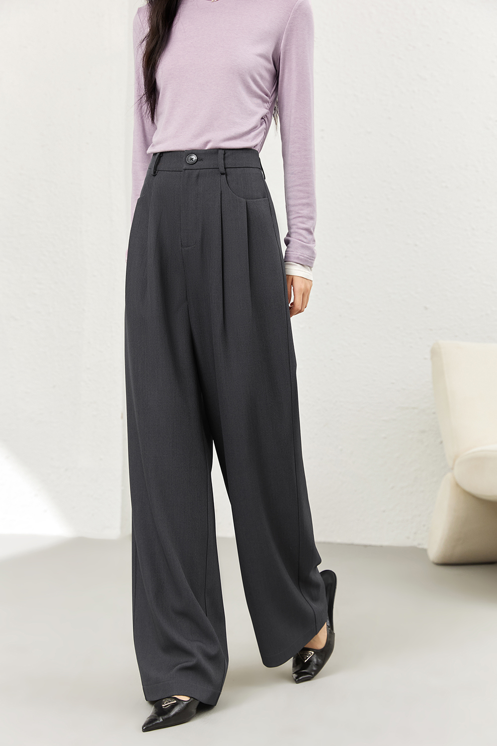 Fluid Gray Wide-Leg Trousers with Tailored Drape-VIMLYSTORE