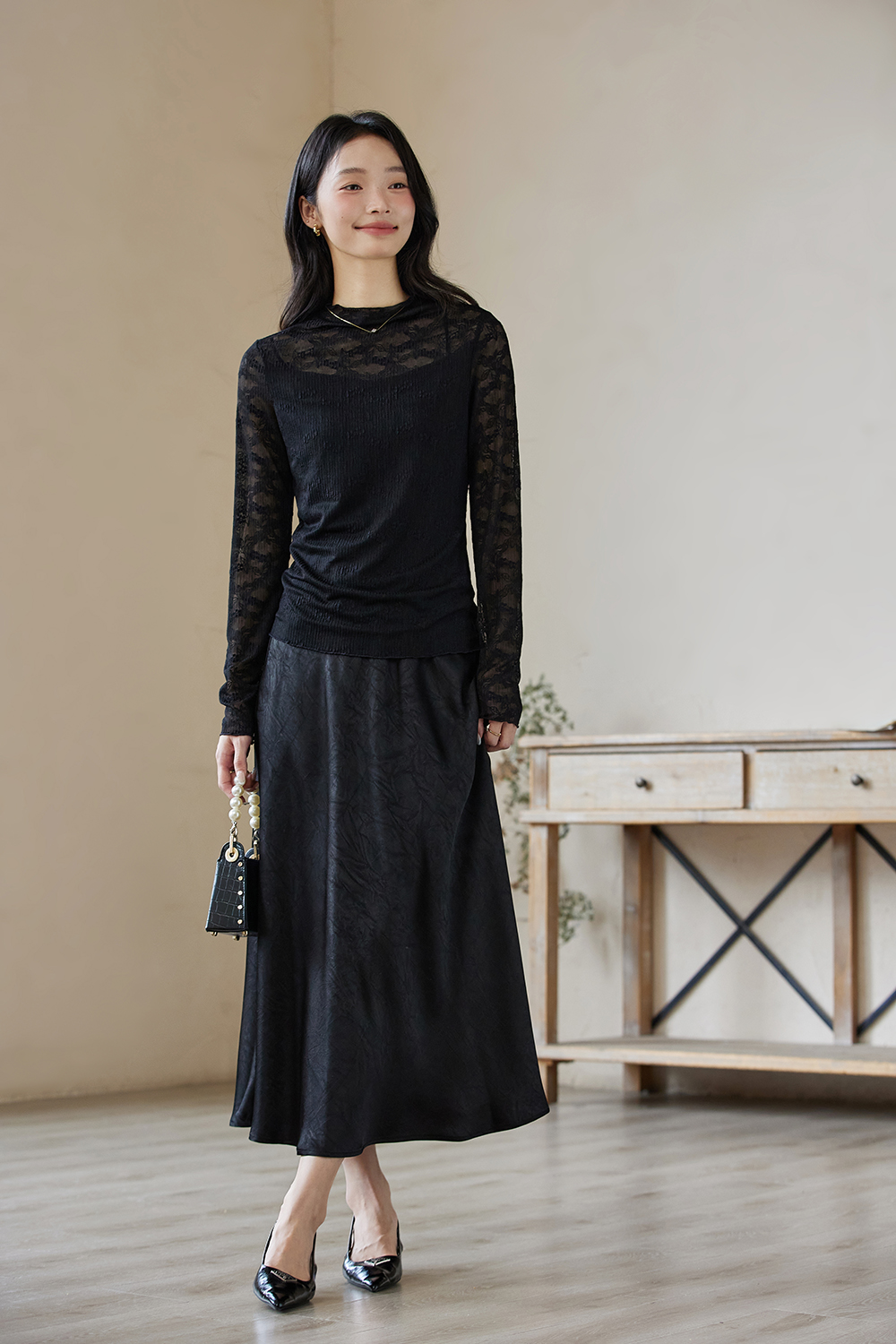 Slim-fit Layering Semi-turtleneck Lace Long Sleeve T-shirt-VIMLYSTORE