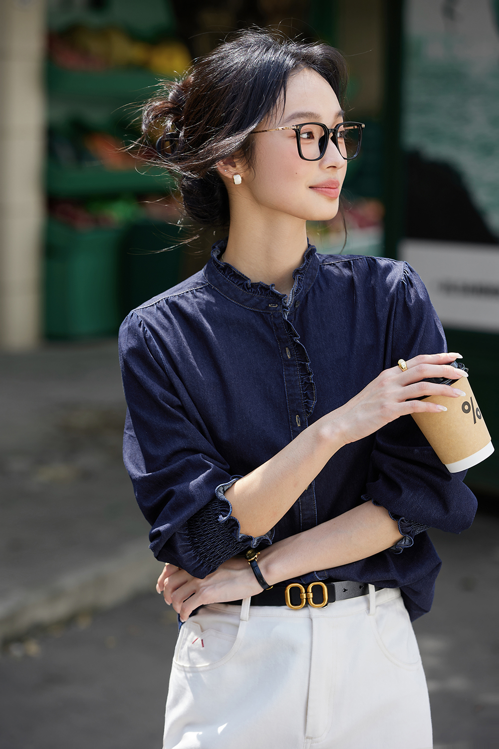 Designer Loose Stand-up Denim Long Sleeve Cotton Shirt-VIMLYSTORE