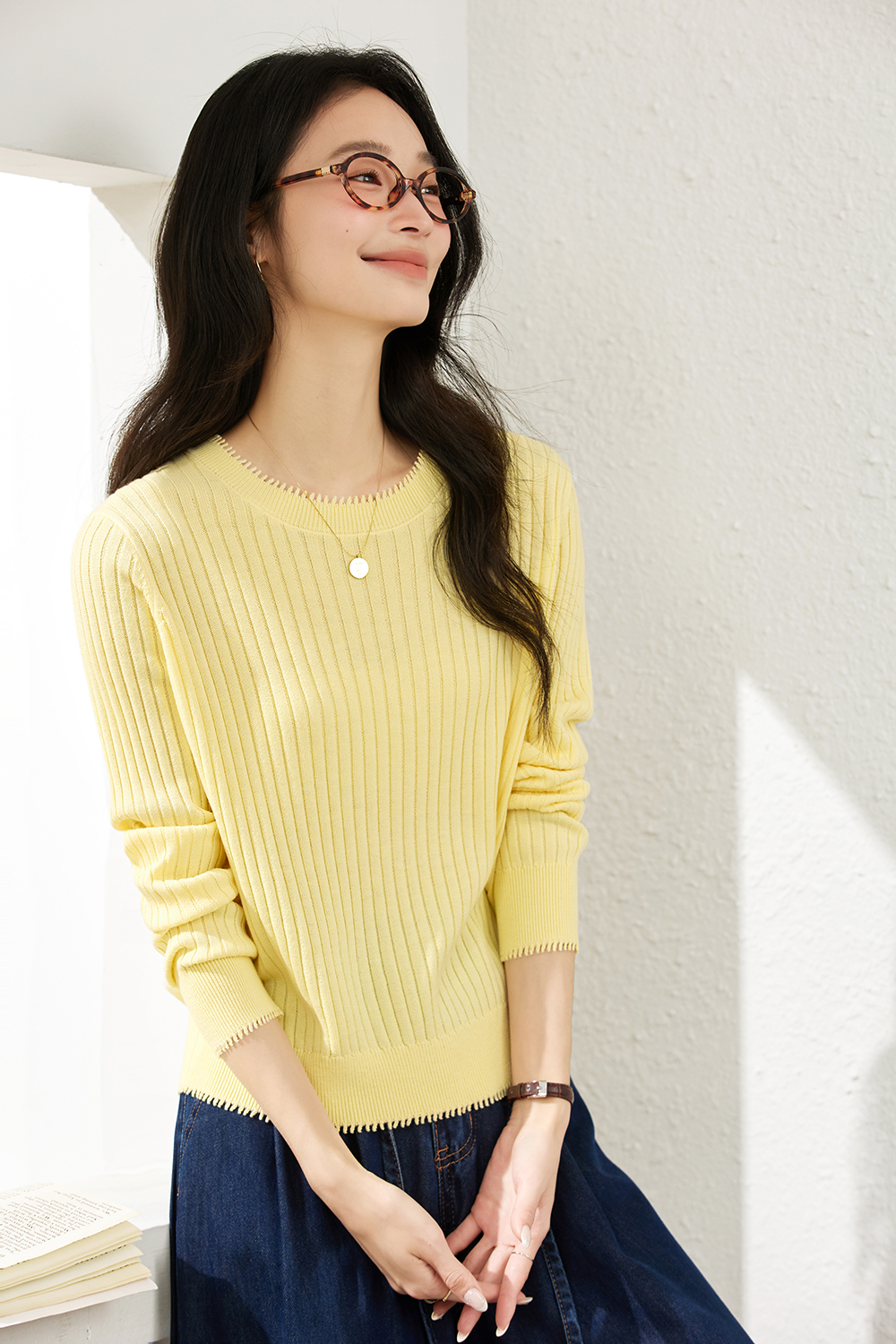 Ribbed Wool Blend Loose Round Neck Knitted Top-VIMLYSTORE