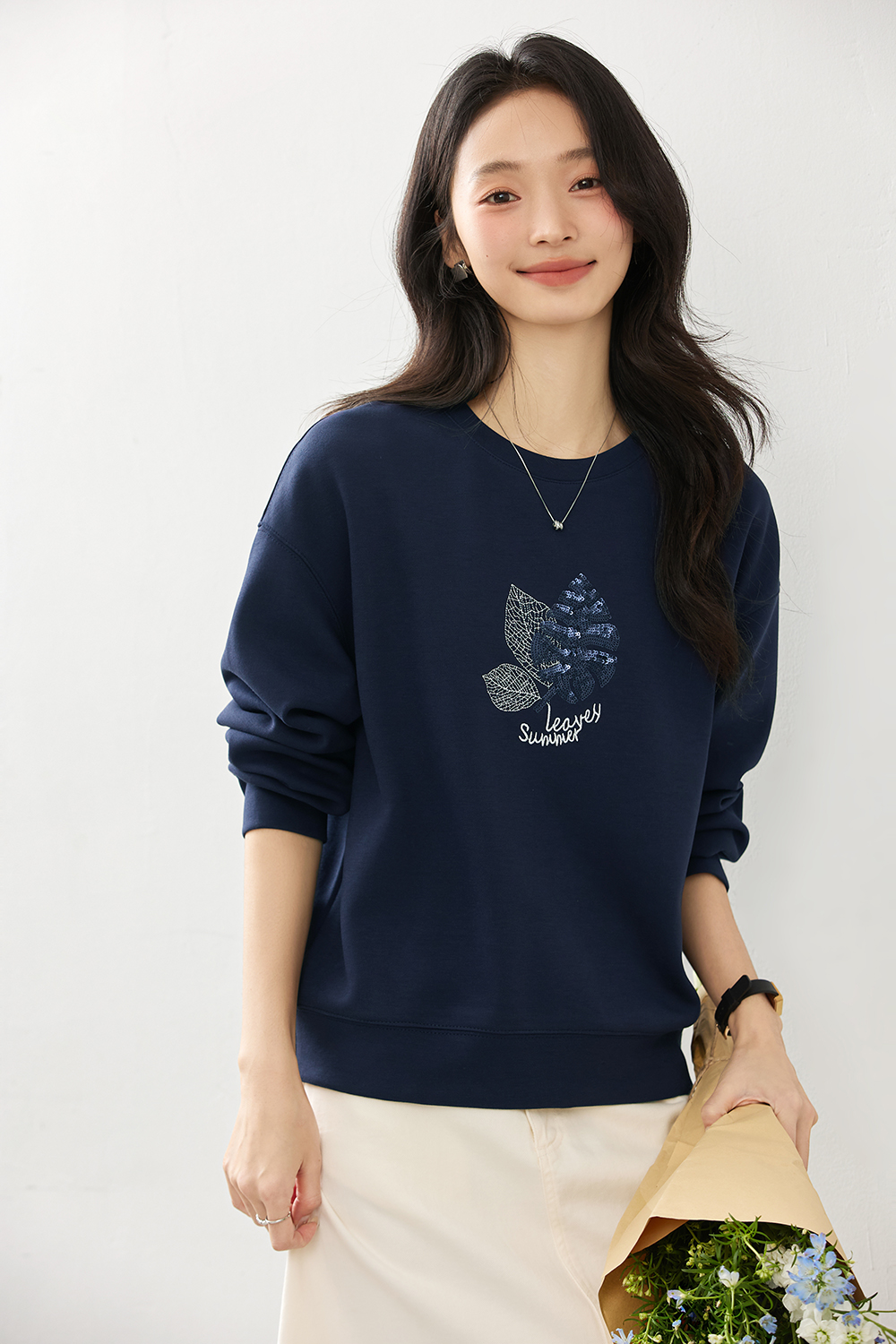 Elegant Slimming Embroidered Sequin Round Neck Long Sleeve Sweatshirt-VIMLYSTORE