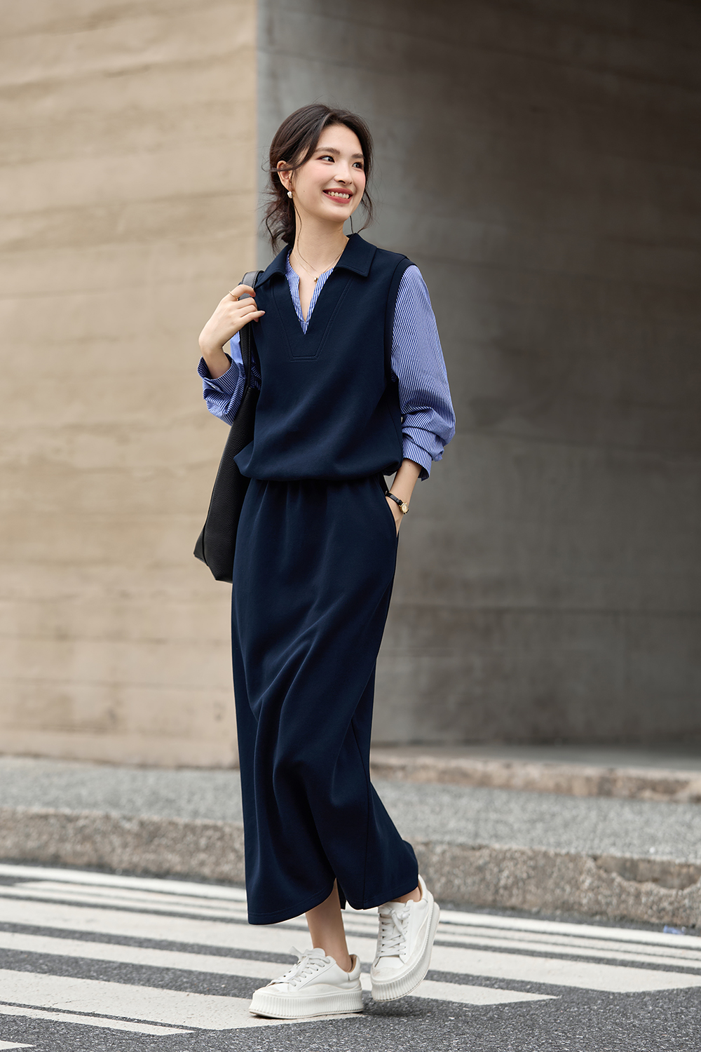 Navy Blue Fake Two-Piece Top with Long Skirt Set-VIMLYSTORE