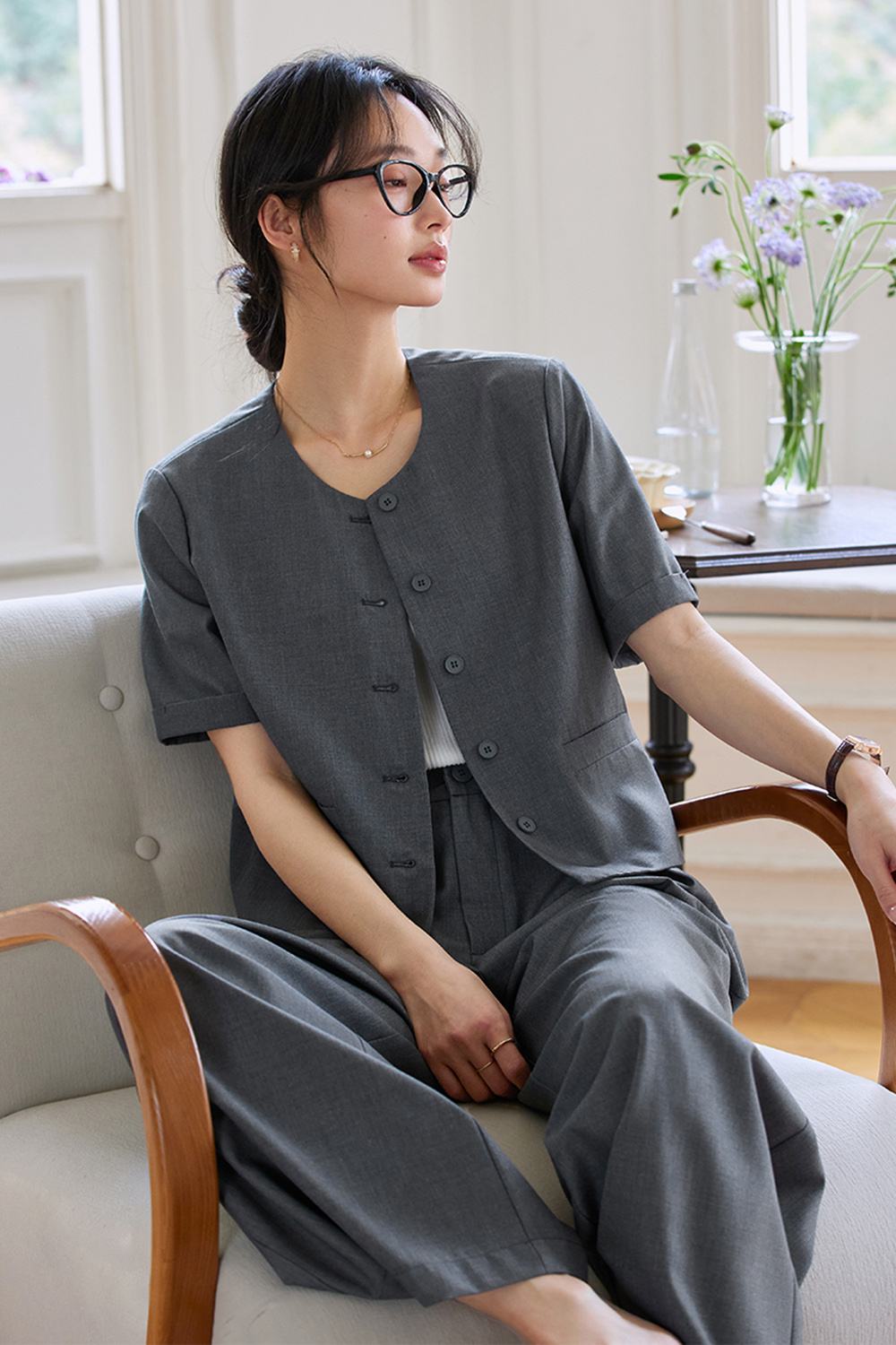 Premium Gray Fashion Wide-Leg Casual Pants Two-Piece Set-VIMLYSTORE