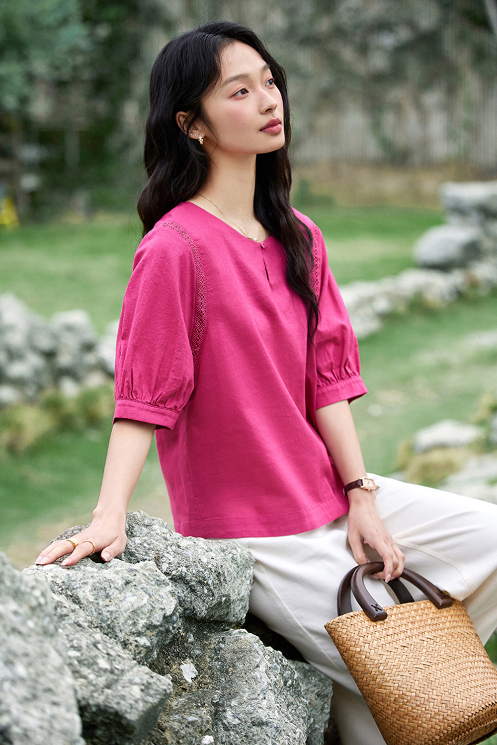 Stylish Raspberry Pink Lace Trim Round-Neck Blouse-VIMLYSTORE