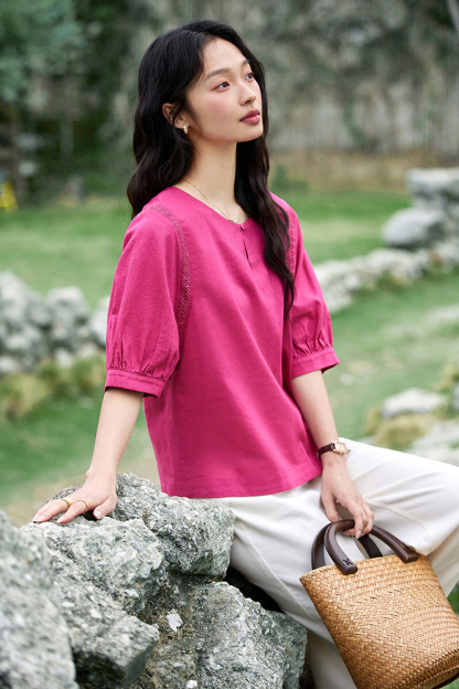 Stylish Raspberry Pink Lace Trim Round-Neck Blouse-VIMLYSTORE