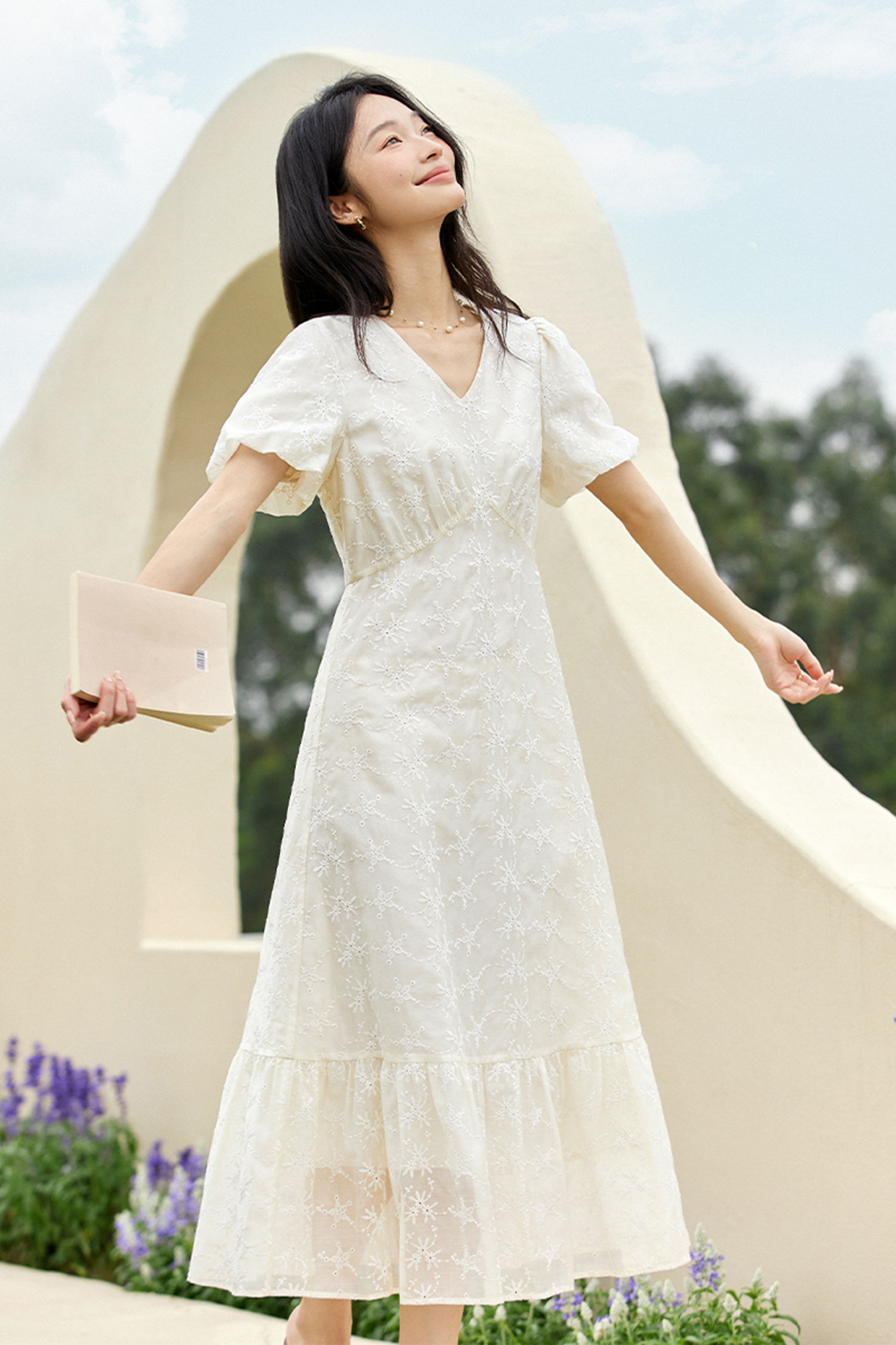 French V-Neck Cutout 3D Embroidered Puff Sleeve Maxi Dress