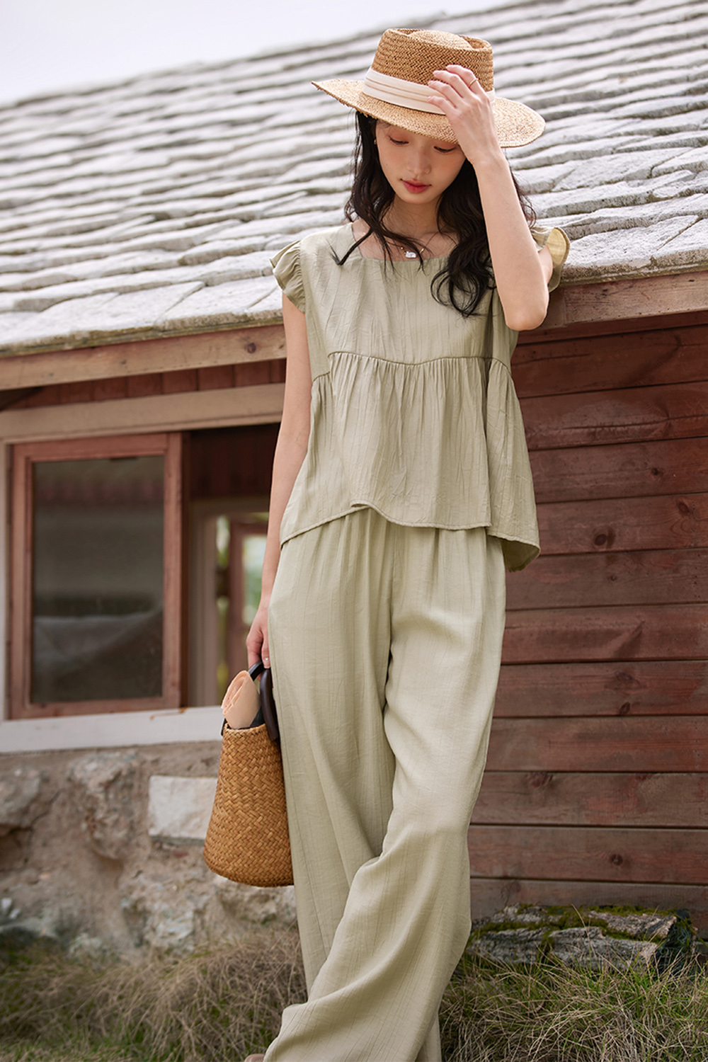 Elegant Casual Flutter Sleeve Top with Wide-Leg Pants Set-VIMLYSTORE
