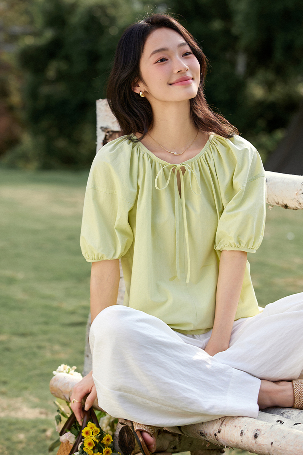 Casual & Stylish Loose Tie-Front Round Neck Puff Sleeve Blouse-VIMLYSTORE