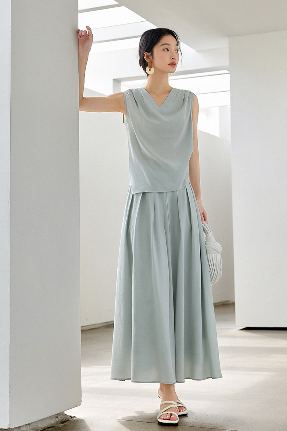 Fashionable & Elegant Sleeveless V-Neck Top with Midi Skirt Set-VIMLYSTORE