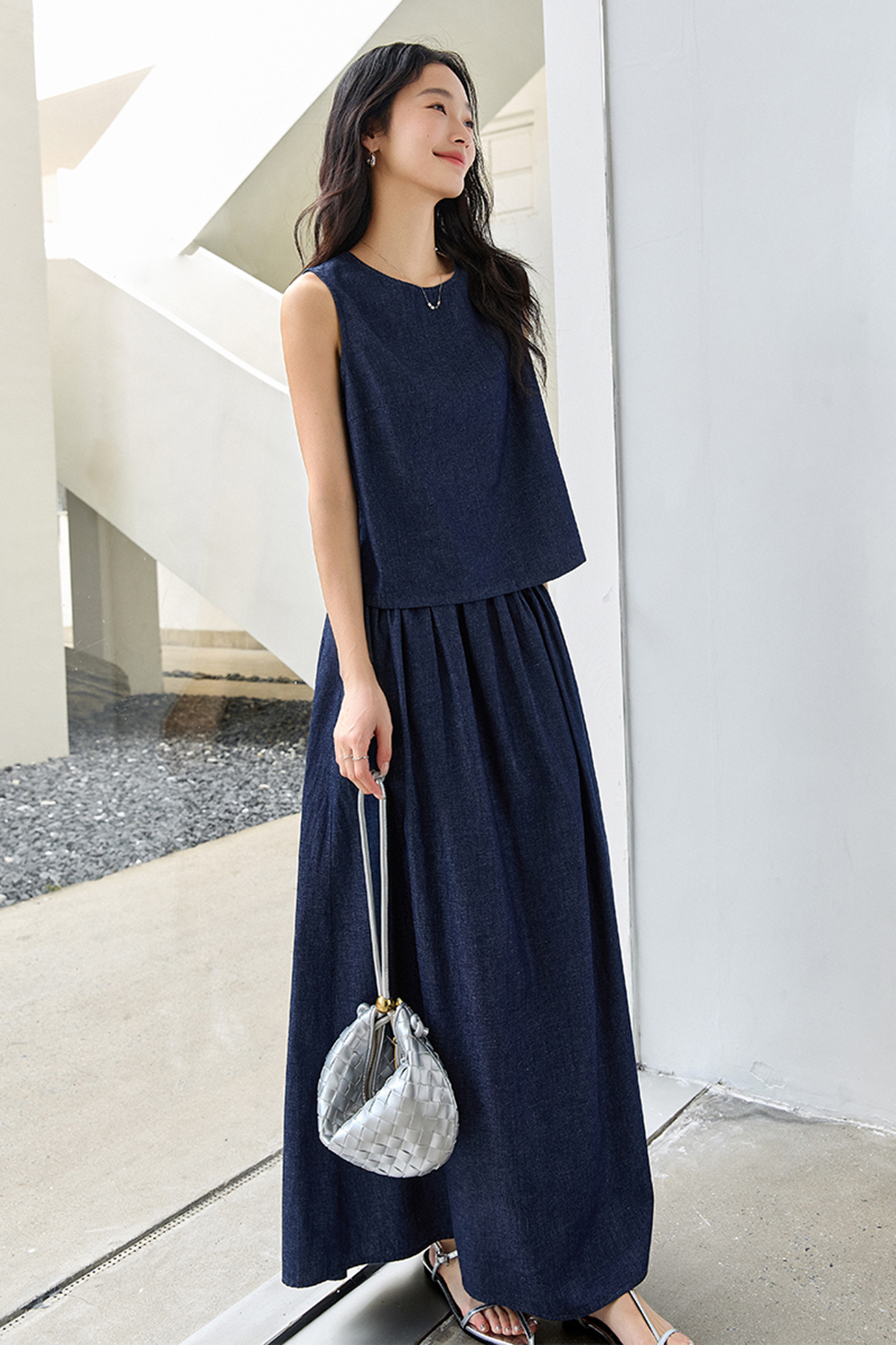Stylish Casual Sleeveless High-Waist Denim Maxi Skirt Set-VIMLYSTORE