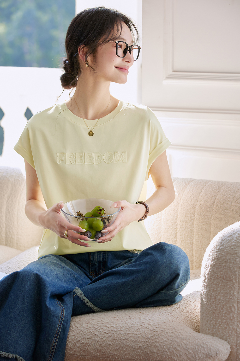 Embroidered Letter Short Flutter Sleeve Loose Versatile Round Neck Top-VIMLYSTORE