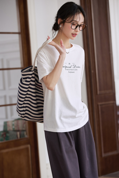 Letter Print Loose Round Neck Short Sleeve T-Shirt-VIMLYSTORE