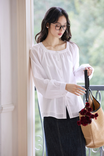 French Retro Square Neck Loose Shirt-VIMLYSTORE