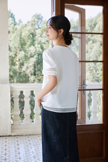 Lace Trim Lantern Sleeve Round Neck Short Sleeve T-Shirt-VIMLYSTORE