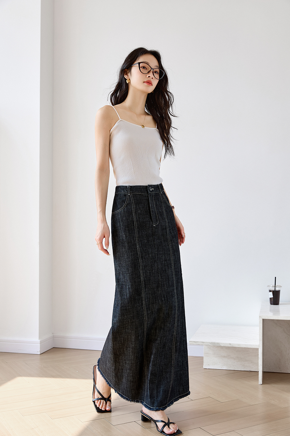 Black Grey Retro Denim High Waist Straight Pencil A-Line Midi Skirt