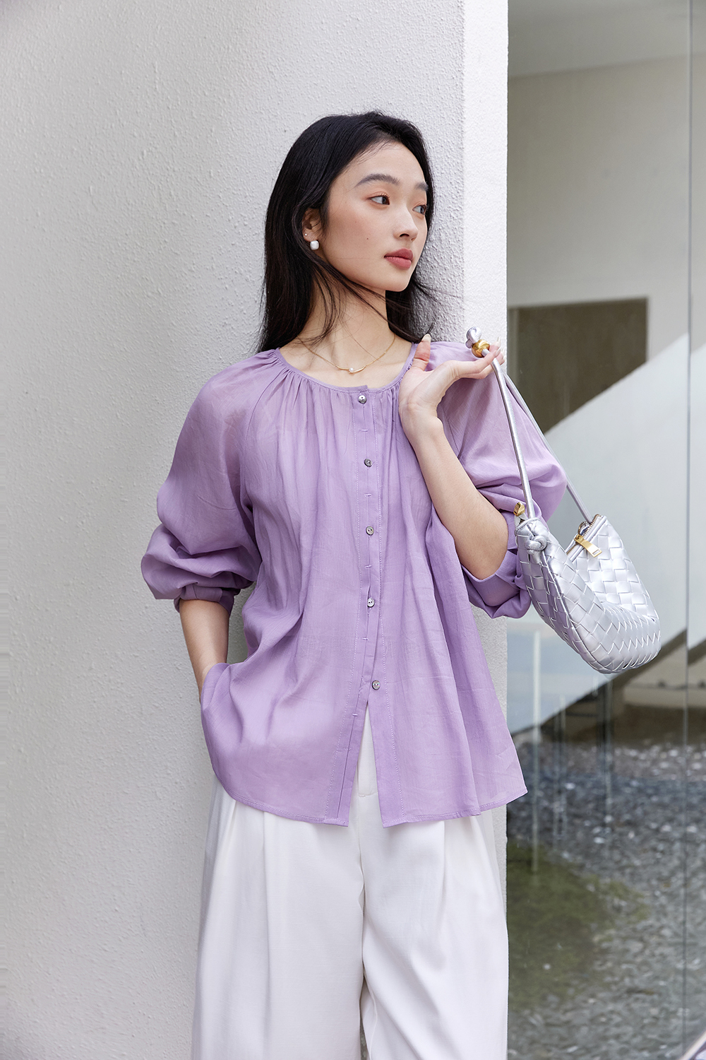 Monet Purple Linen-Cotton Light Luxury Youthful Chic Shirt-VIMLYSTORE