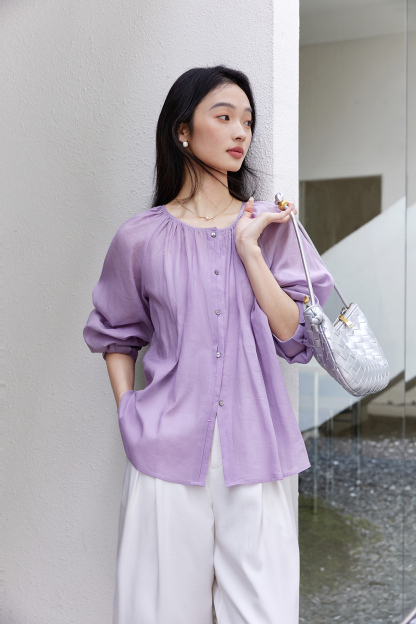 Monet Purple Linen-Cotton Light Luxury Youthful Chic Shirt-VIMLYSTORE
