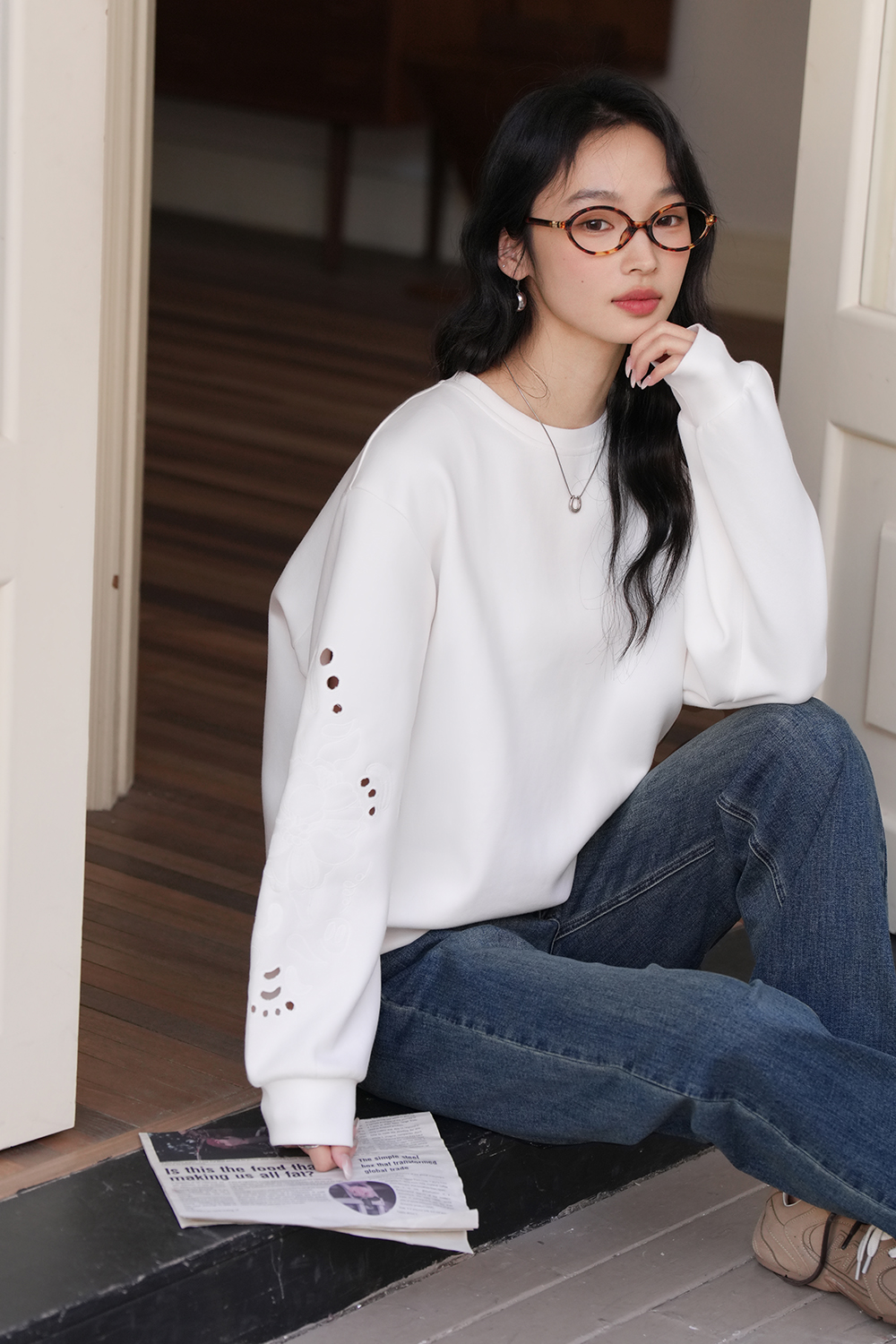 Openwork-Embroidered Oversized Sweatshirt-VIMLYSTORE