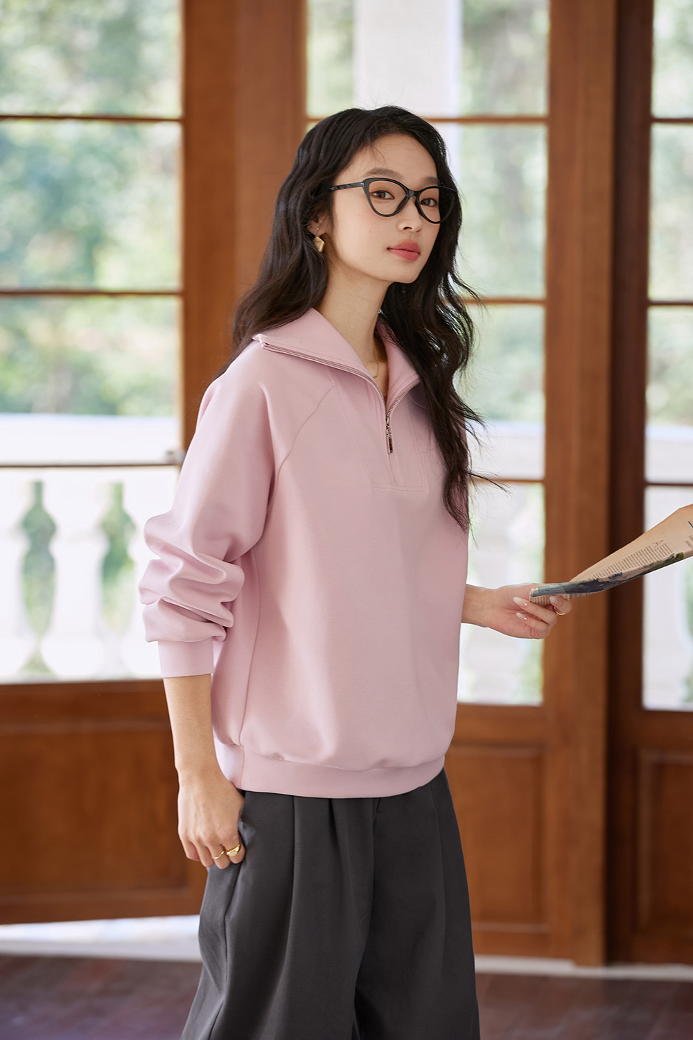 Retro Zip-Collar Pullover Sweatshirt-VIMLYSTORE