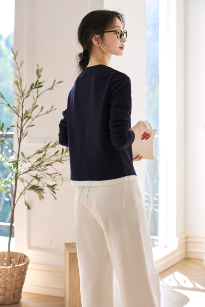 Navy Color-Block Relaxed Fit Long-Sleeve Tee-VIMLYSTORE
