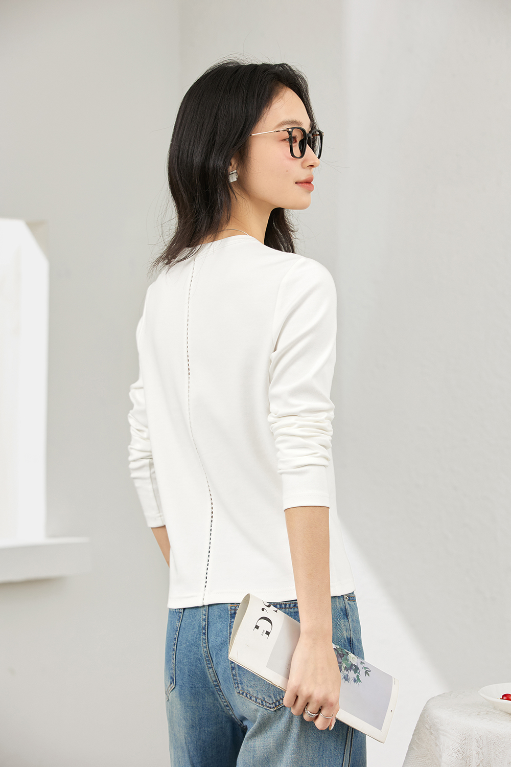 Lace-Insert Layering Tee with Pintuck Detail-VIMLYSTORE