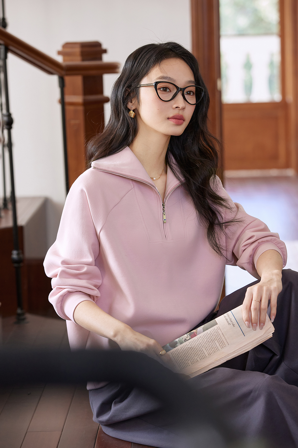 Retro Zip-Collar Pullover Sweatshirt-VIMLYSTORE