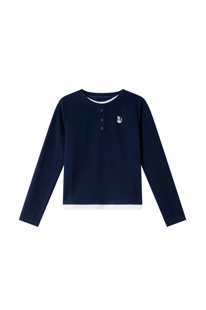 Navy Color-Block Relaxed Fit Long-Sleeve Tee-VIMLYSTORE