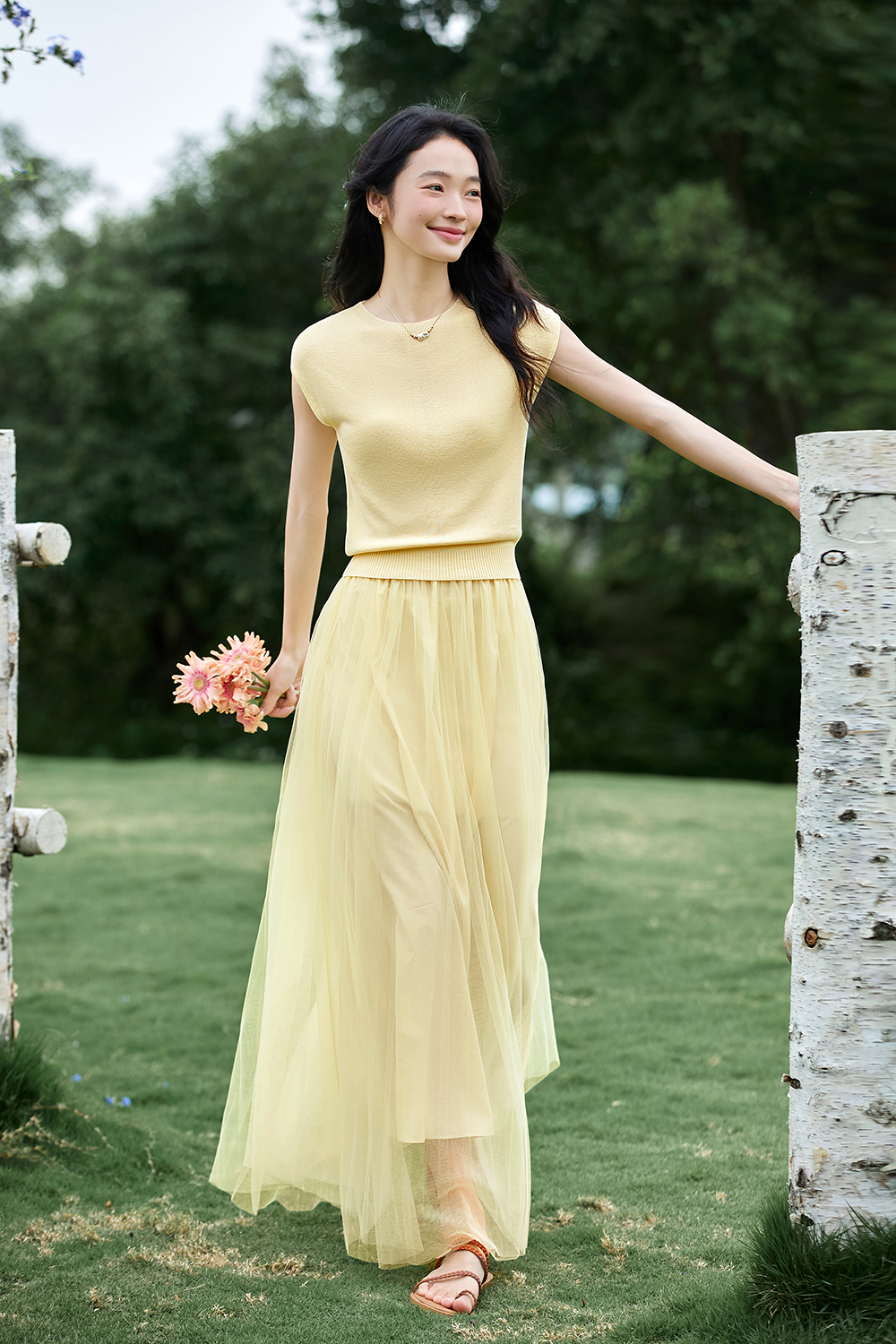 French-Inspired Lyocell Knit Top with Sheer Mesh Skirt Set-VIMLYSTORE