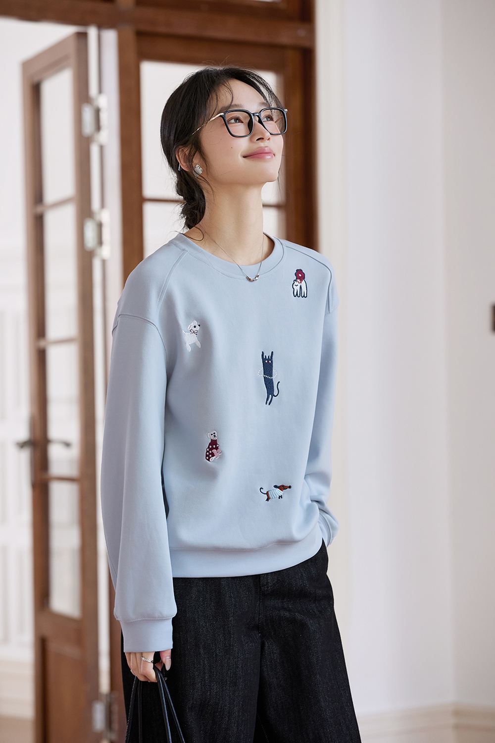 Mist Blue Crewneck Sweatshirt with Playful Cat & Dog Embroidery-VIMLYSTORE