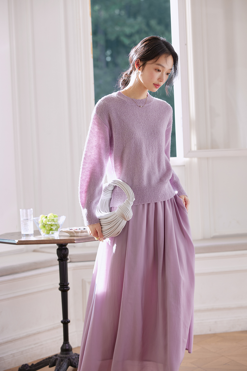 Lilac Round-Neck Top & Pencil Skirt Set for Polished Office Wear-VIMLYSTORE