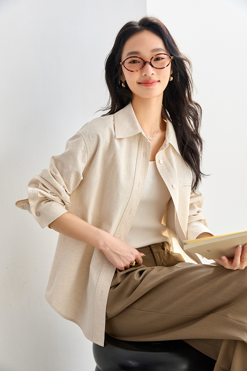 Oatmeal Oversized Shirt with Dual-Button Cuff Detail-VIMLYSTORE