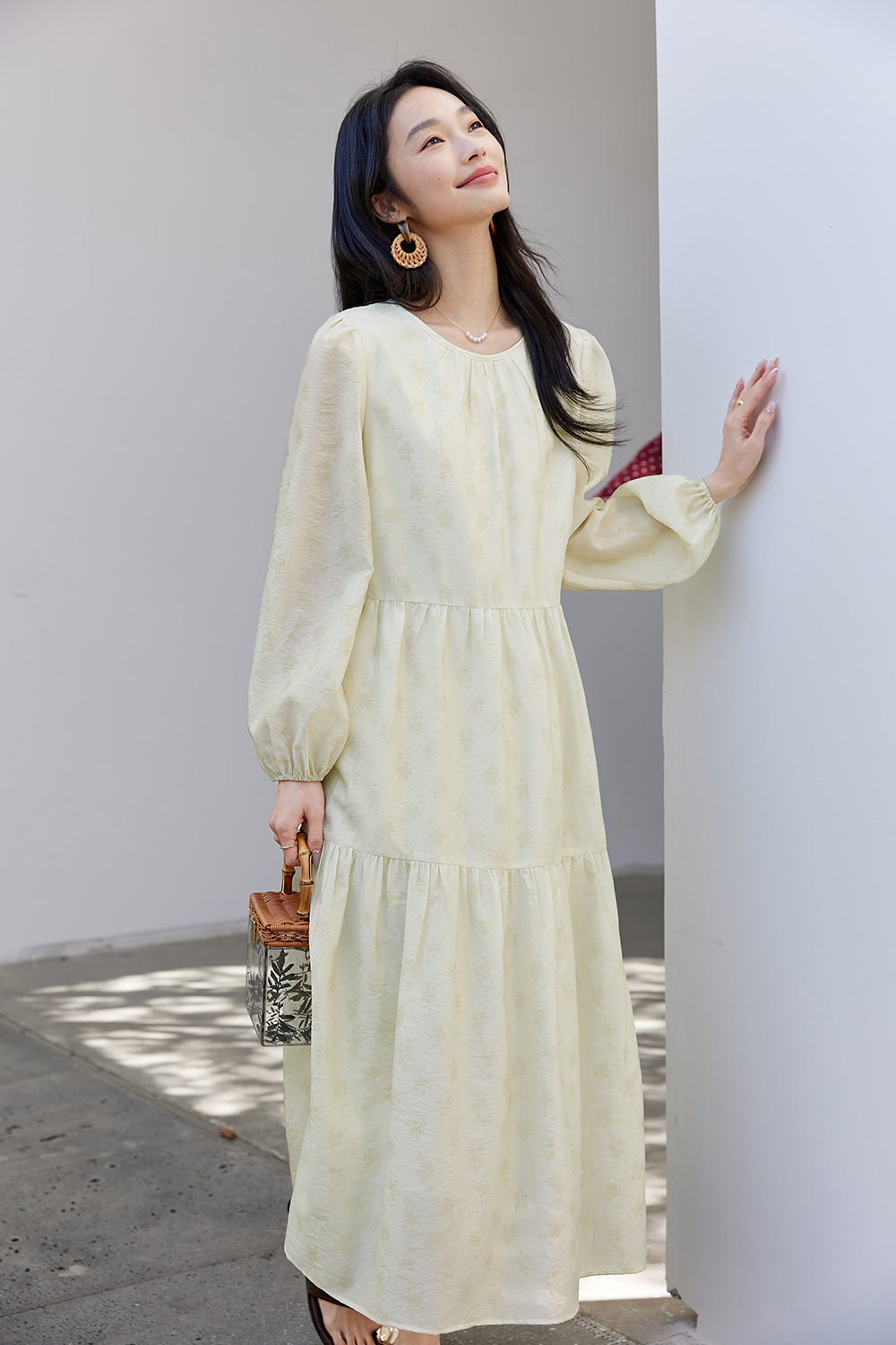 lyocell Embroidered Shift Dress with Bishop Sleeves-VIMLYSTORE