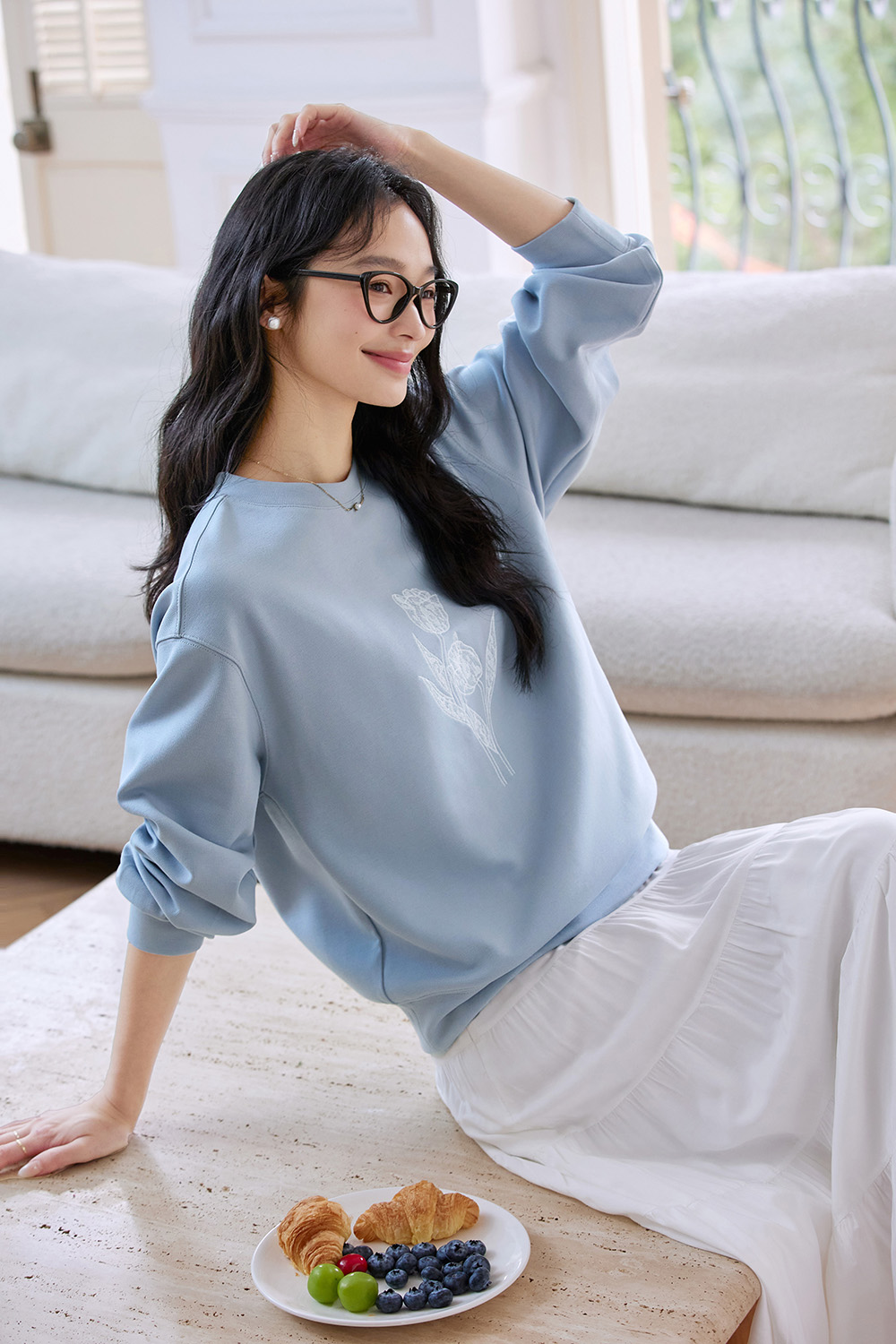 Sky Blue Tulip-Sleeve Oversized Pullover-VIMLYSTORE