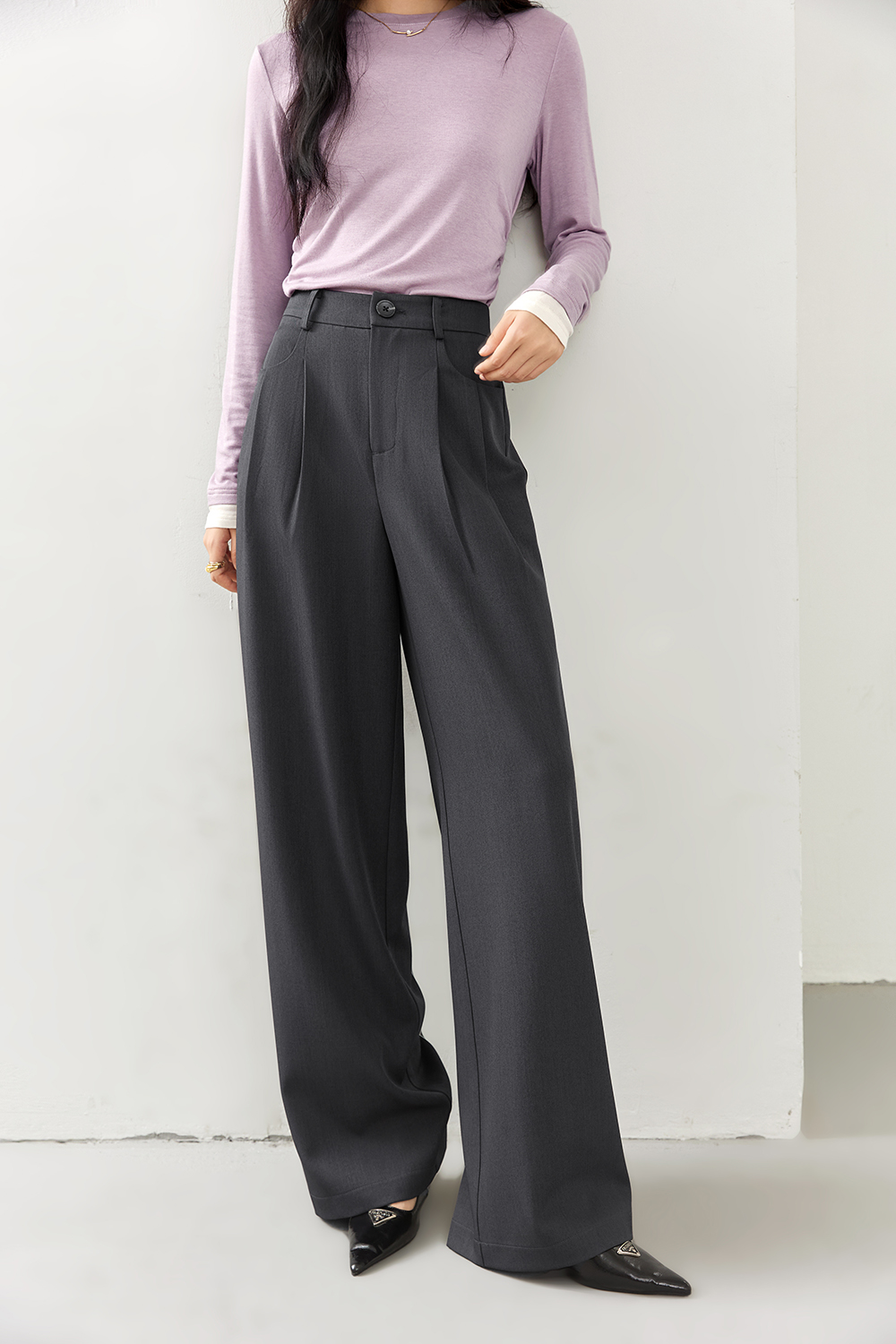 Fluid Gray Wide-Leg Trousers with Tailored Drape-VIMLYSTORE