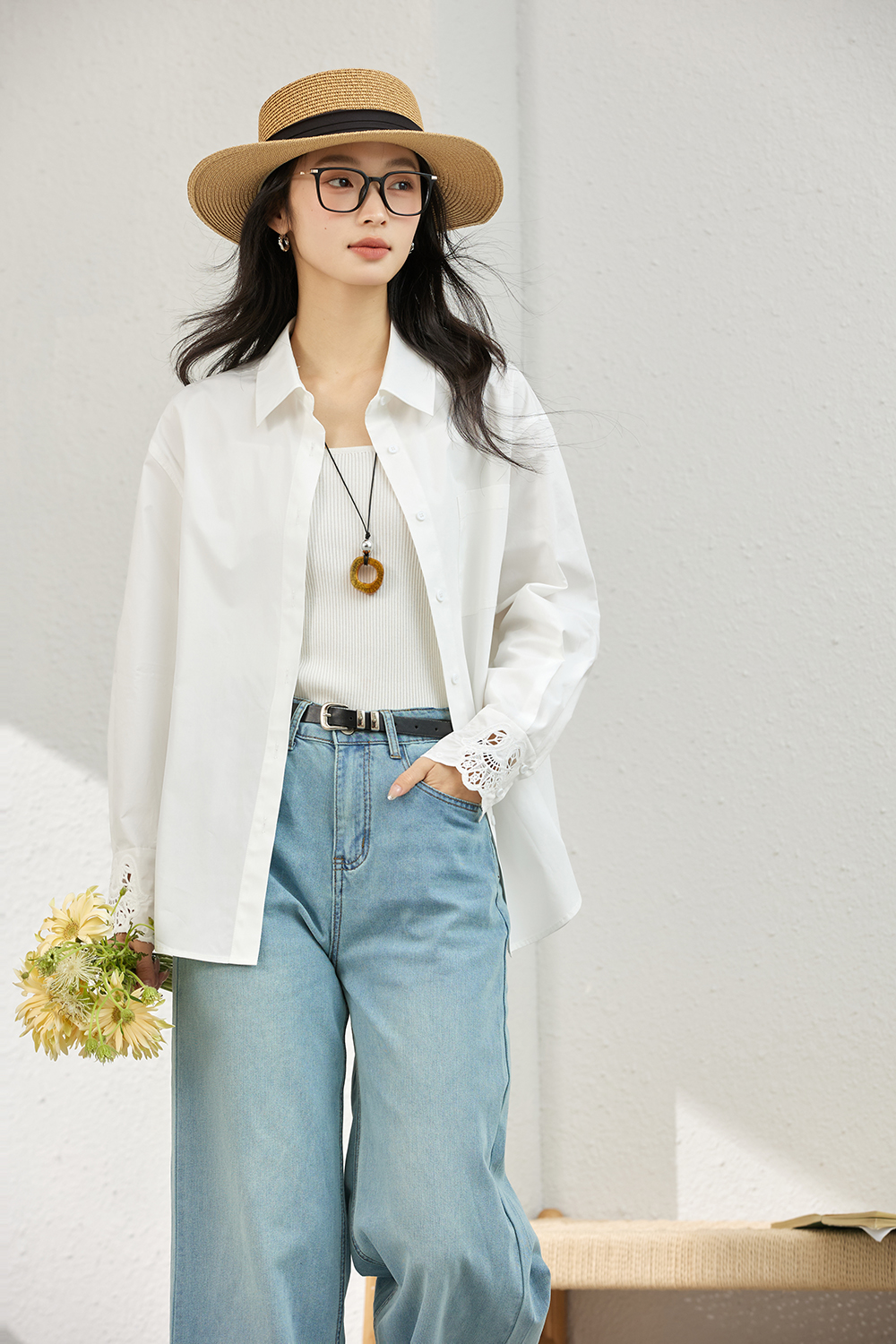 Artistic Cutwork Notch-Collar Blouse-VIMLYSTORE