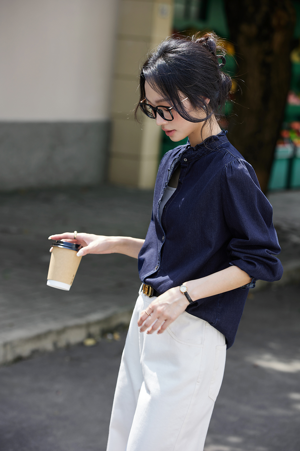 Designer Loose Stand-up Denim Long Sleeve Cotton Shirt-VIMLYSTORE