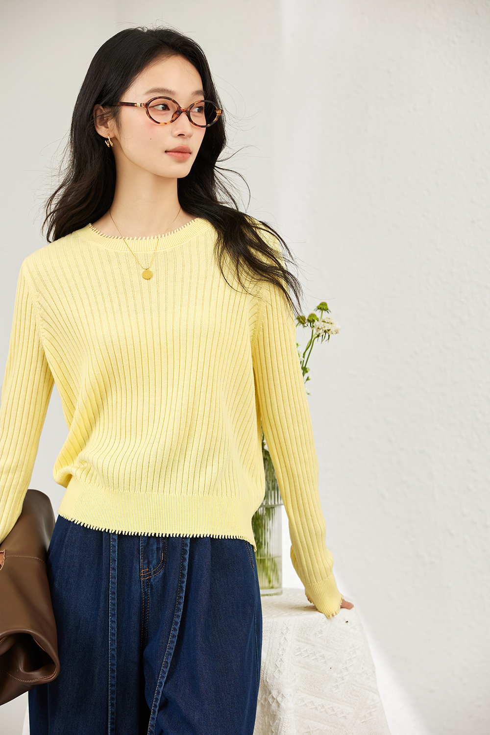 Ribbed Wool Blend Loose Round Neck Knitted Top-VIMLYSTORE