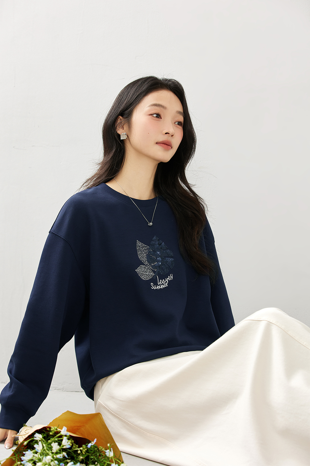Elegant Slimming Embroidered Sequin Round Neck Long Sleeve Sweatshirt-VIMLYSTORE