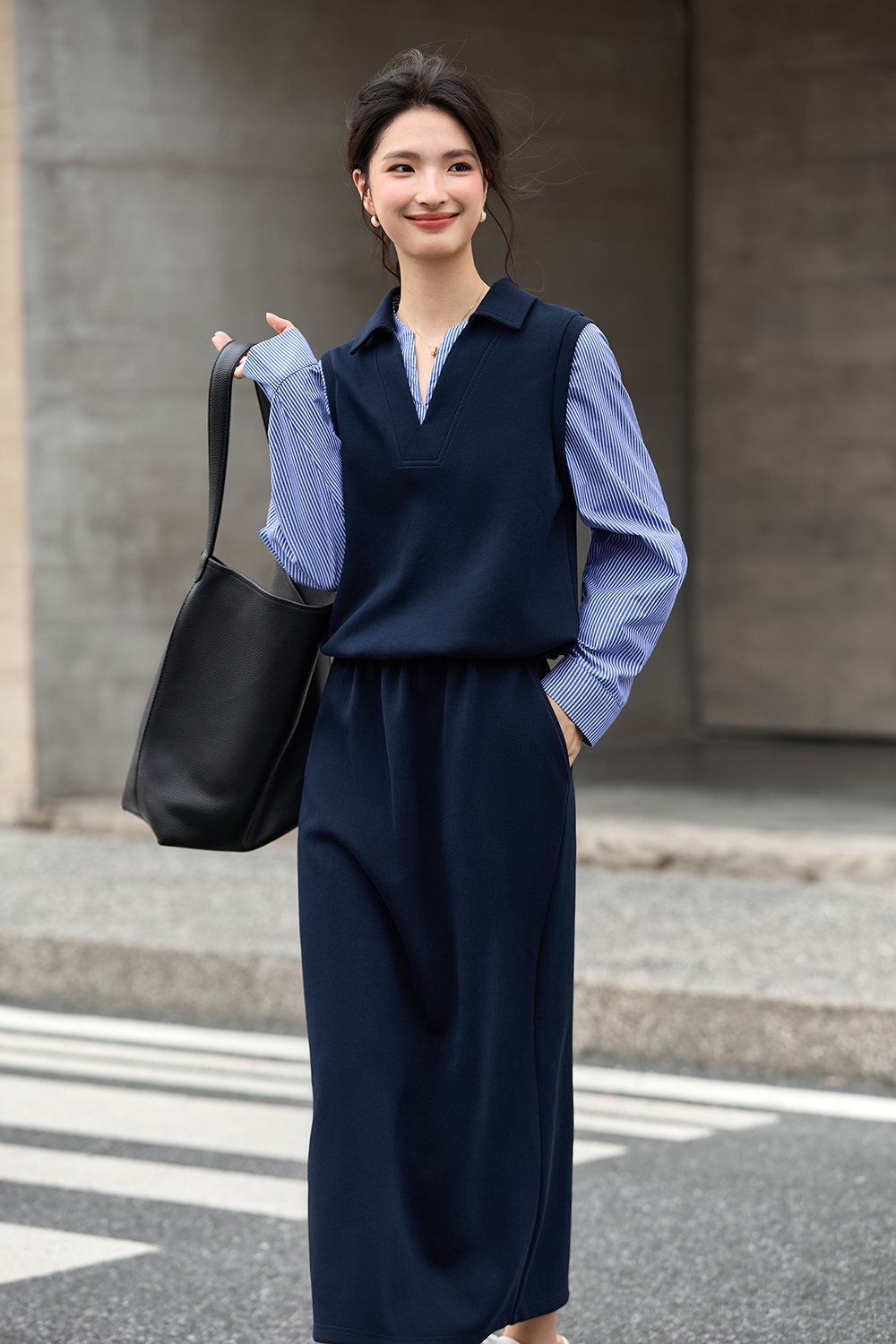 Navy Blue Fake Two-Piece Top with Long Skirt Set-VIMLYSTORE