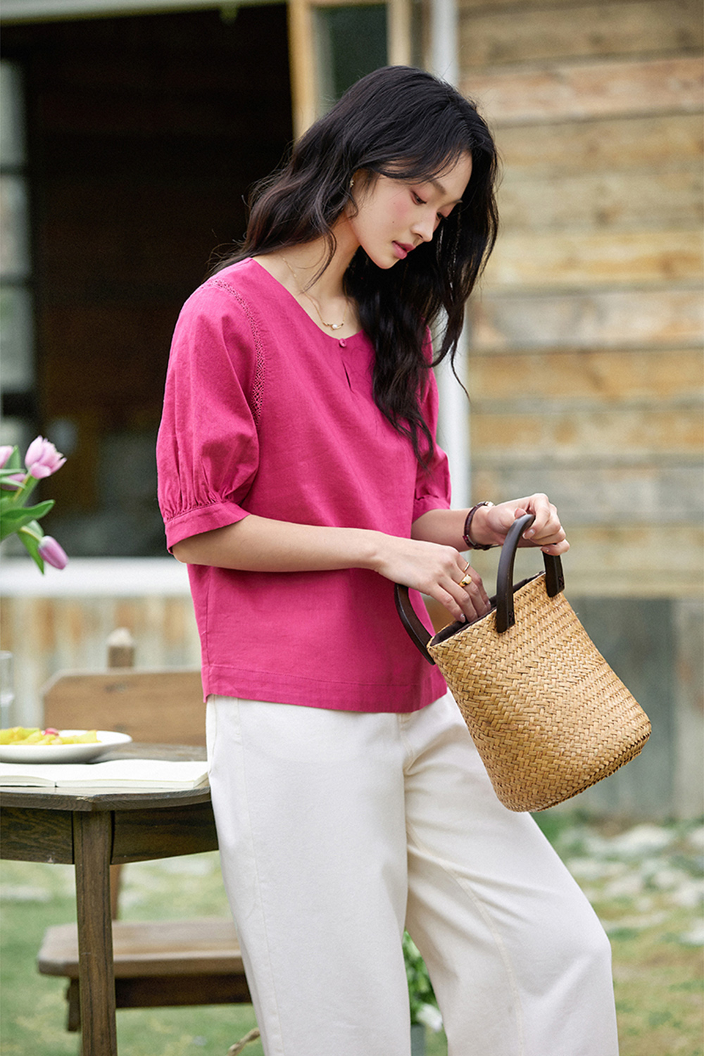 Stylish Raspberry Pink Lace Trim Round-Neck Blouse-VIMLYSTORE