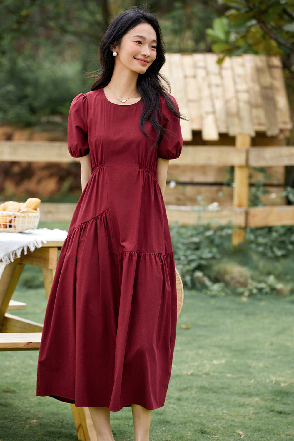 French Retro Asymmetrical Shirred Puff Sleeve Maxi Dress