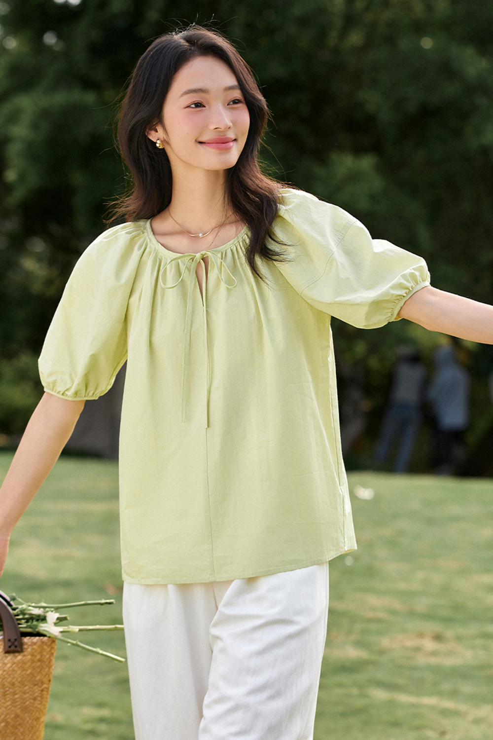 Casual & Stylish Loose Tie-Front Round Neck Puff Sleeve Blouse-VIMLYSTORE