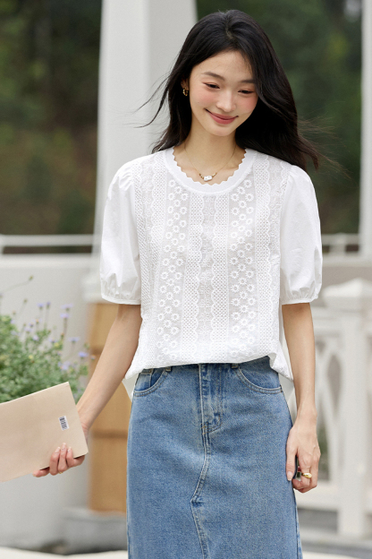 Casual Embroidered Puff-sleeve Cotton Top