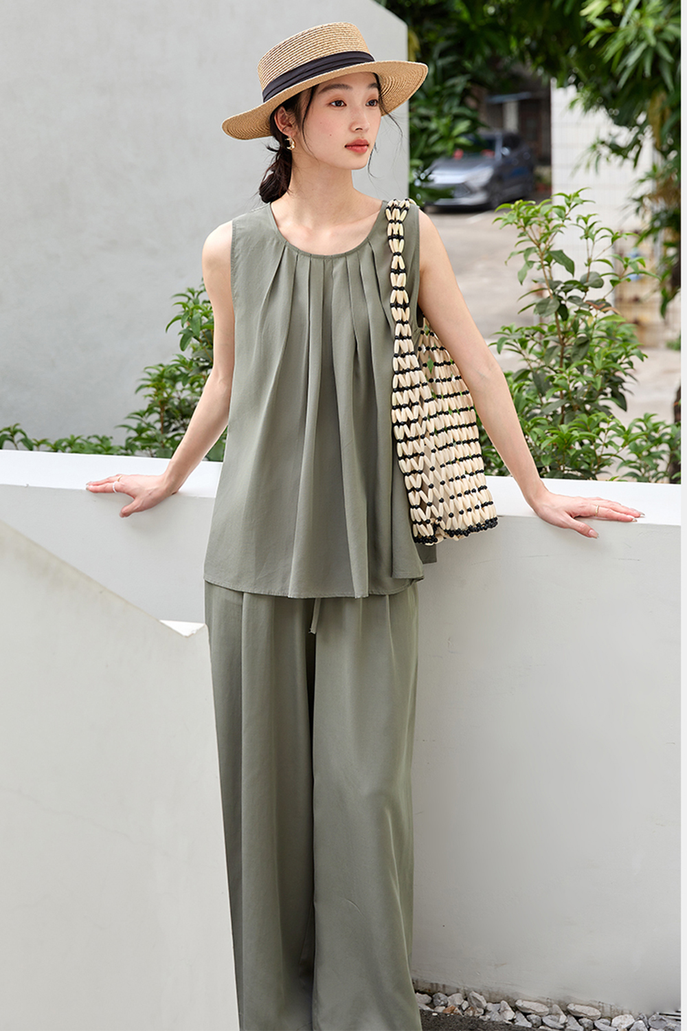 Trendy Casual Sleeveless Halter Top with High-Waist Wide-Leg Pants Set-VIMLYSTORE