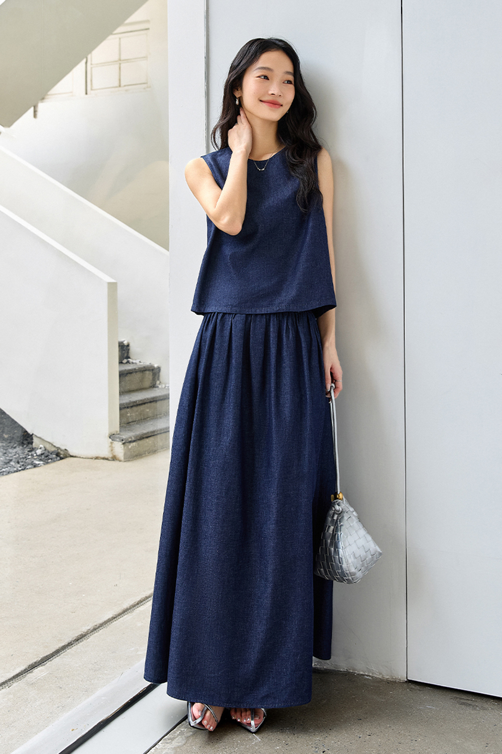 Stylish Casual Sleeveless High-Waist Denim Maxi Skirt Set-VIMLYSTORE