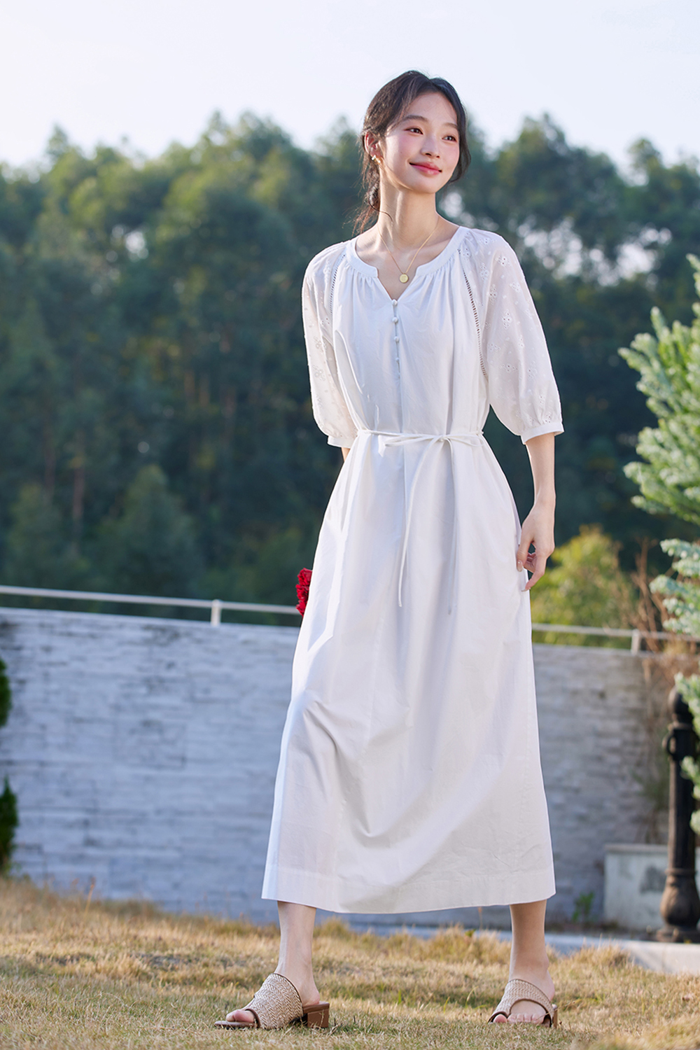 Breathable Floral Embroidery V-Neck Slimming Maxi Dress