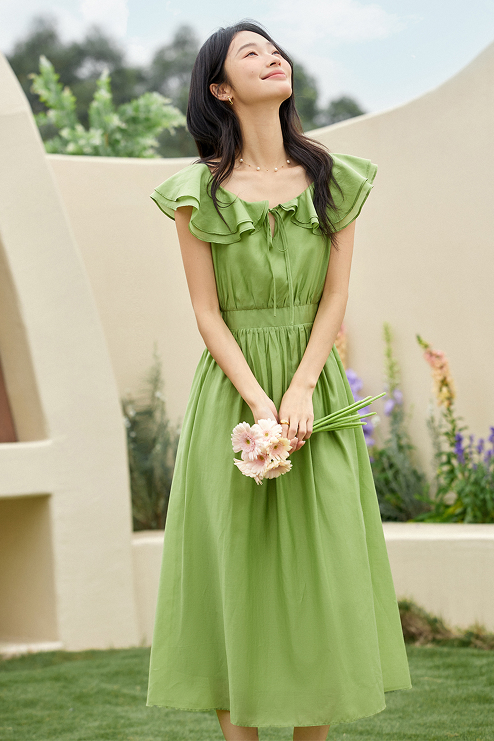 Sweet U-neck Ruffled Waist-defining Slim Dress-VIMLYSTORE