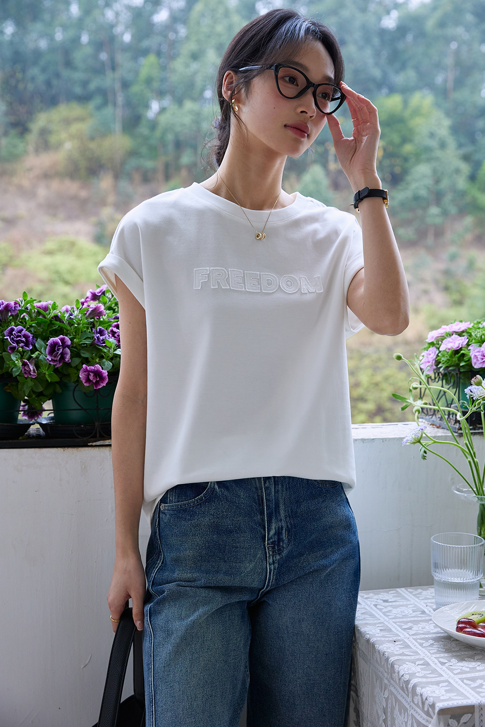 Embroidered Letter Short Flutter Sleeve Loose Versatile Round Neck Top-VIMLYSTORE