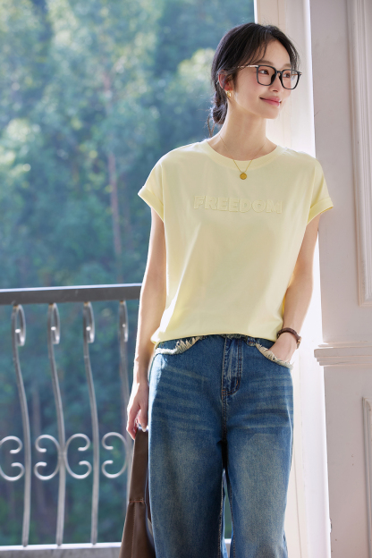 Embroidered Letter Short Flutter Sleeve Loose Versatile Round Neck Top-VIMLYSTORE
