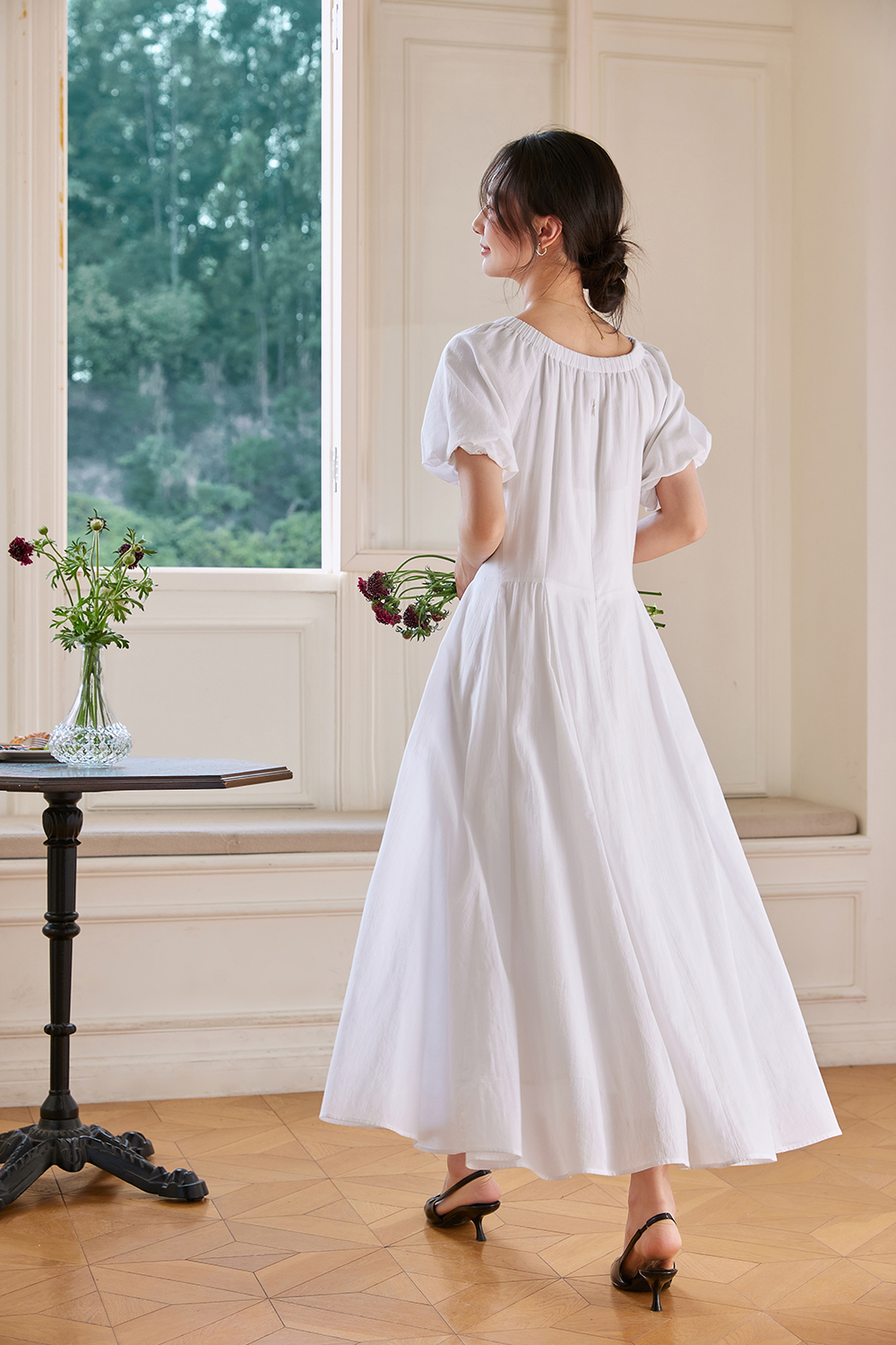 French Floral Soft V-Neck Puff Sleeve Slimming Maxi Dress